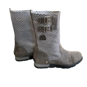 Sorel Women's Major Pull-On Perforated Boot Grey Leather Suede Moto Biker Size 9